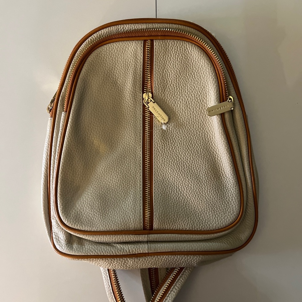 NWT Valentina Italian Leather Cream and Brown Backpack